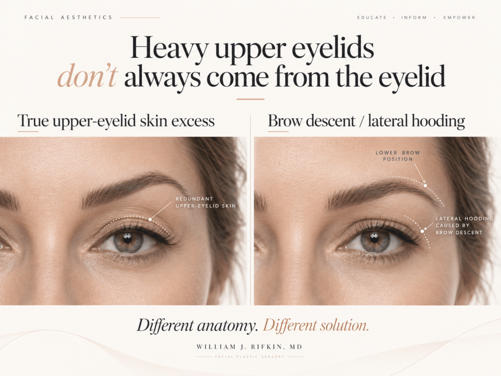Upper Blepharoplasty or Brow Lift? How to Know Which May Be Right for You 2 Upper eyelid skin excess compared with brow descent